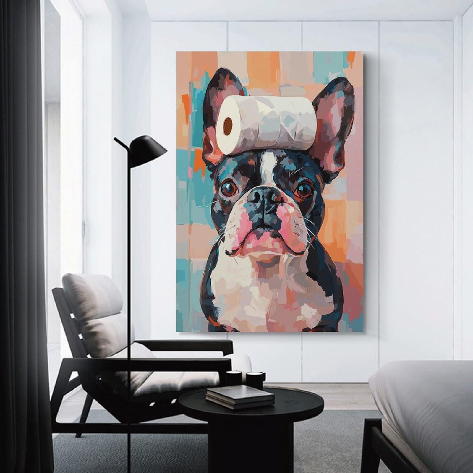 Junmoney Canvas Wall Art Boston Terrier with Toilet Paper Roll, 08x12inch(20x30cm), for Living Room, Bedroom, Office Or Hallway, Decorative Artwork with Broad Appeal