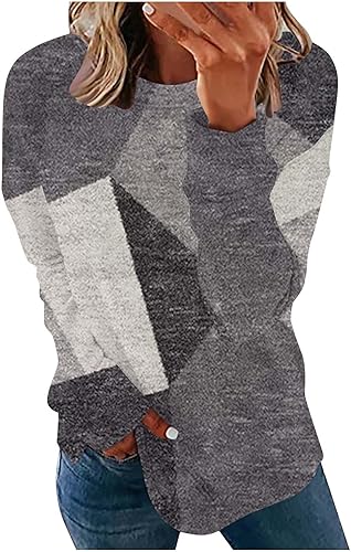 Sudadera geométrica de bloque de color para mujer, cuello redondo, vintage, desgastada, casual, manga larga, talla grande