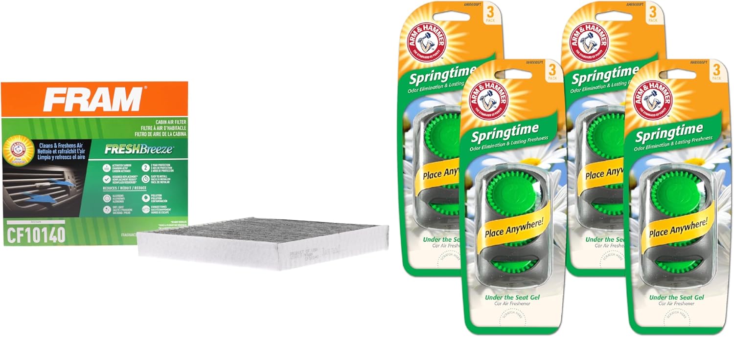 FRAM Fresh Breeze Cabin Air Filter for Car, Easy Install for Nissan, Infiniti, Mitsubishi Vehicles (CF10140) with Pack of 4 Arm and Hammer Car Air Freshener Under the Seat 3pk, Springtime (AH8500SPT)