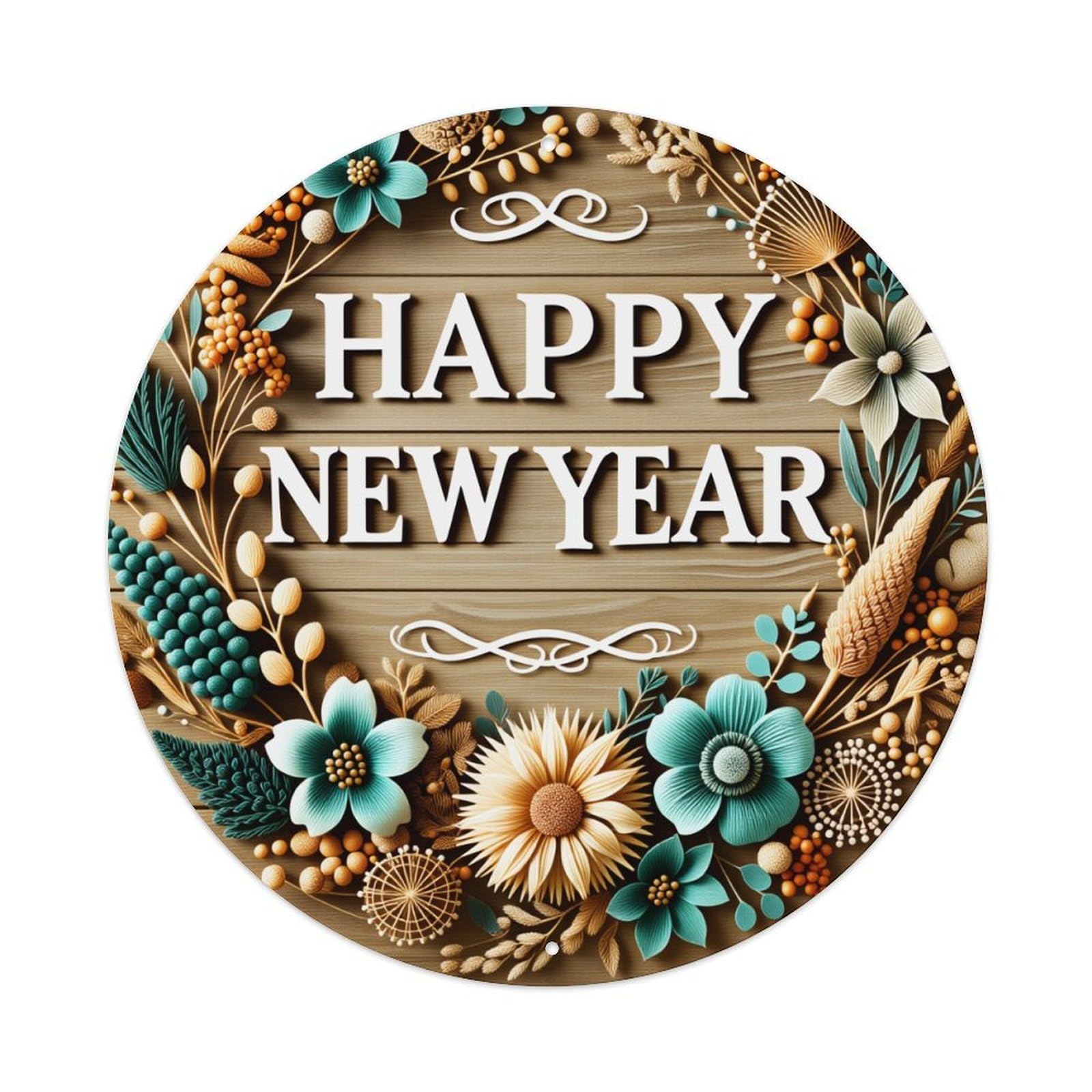 Floral Wooden Wreath With Happy New Year Text Round Vintage Tin Sign,Retro Wall Art,Metal Poster for Home, Bar, Garage, Cafe, Rustic Indoor & Outdoor Decor, 8x8 Inches