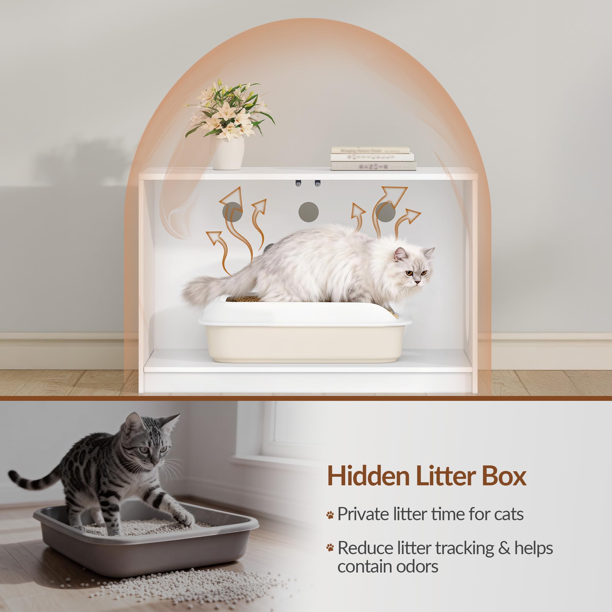 Katzenklo Schrank, Versteckte Katzentoilette Möbel, Katzenschrank mit Drucktüren und Belüftungslöchern, Minimalistisches Katzenhaus, Wohnzimmer, 80 x 50 x 51,5 cm, Weiß FPCB201PW1