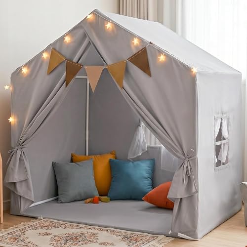 Little Dove Kids Play Tent with Star Lights & 2 Windows, Large Reading Nook & Playhouse for Indoor & Outdoor Use, Play Tent for Boys & Girls, Birthday, 52"x35"x51", Gray