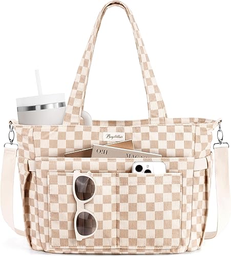 Vista 9 de Bolsa tote de pana para mujeres, 17 bolsillos para laptop de trabajo, ligera, para maestras, enfermeras, bolsa de hombro bíblica para escuela, negro