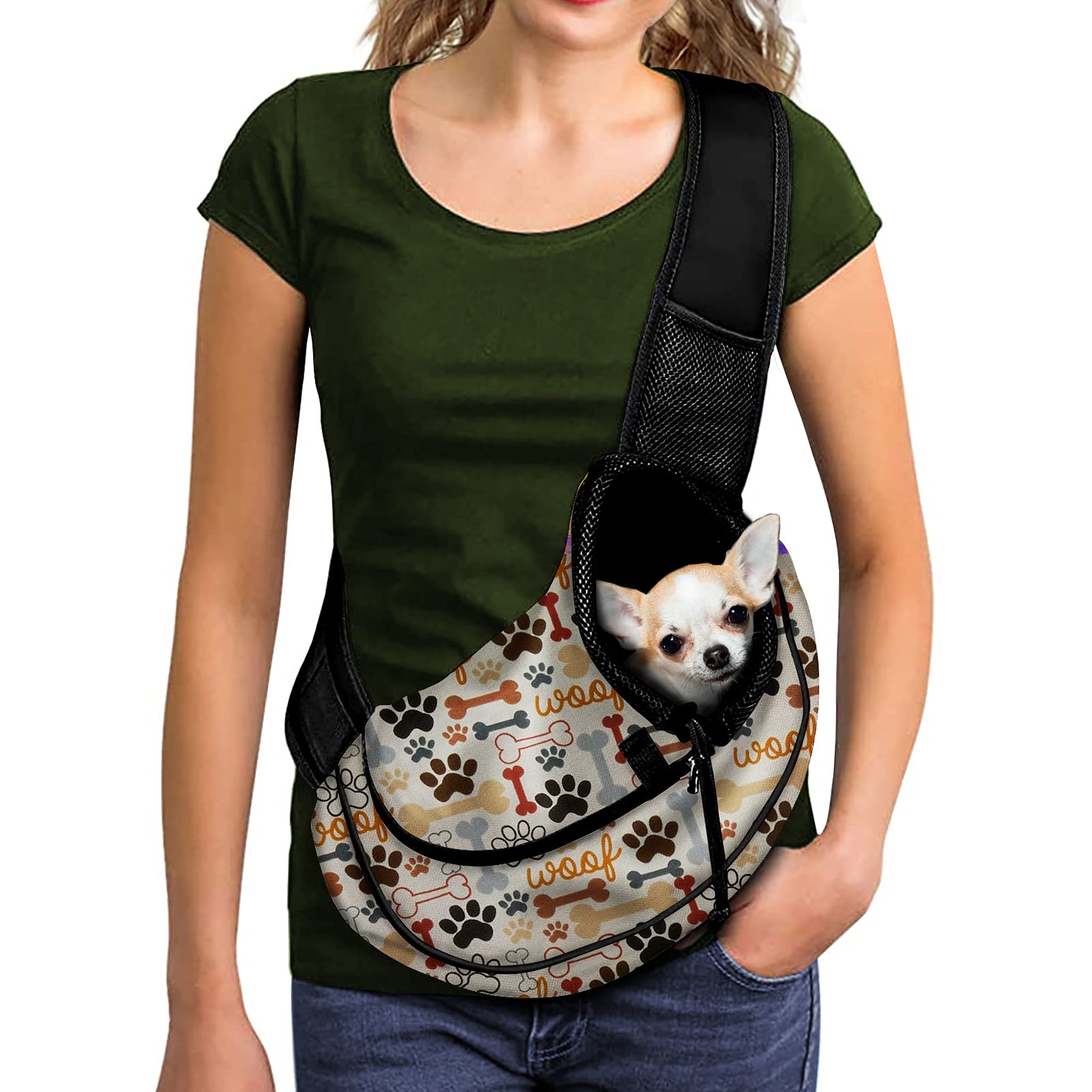 FUSURIRE Beige Puppy Paws Pet Travel Carrier with Adjustable Strap Breathable Small Dog Cat Outdoor Carrier Bag Hand Free Soft Pet Carrier Sling for Men Boys Women Girls