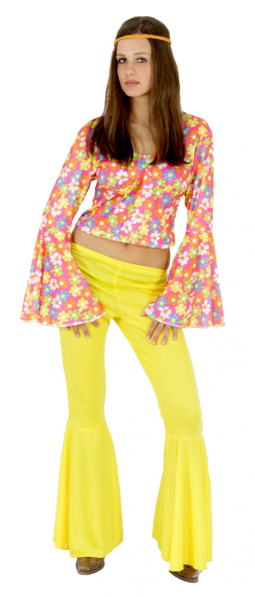 Hippie Kostüm Für Damen 60er/70er Jahre – Gelbe Schlaghose & Bunte Blumen-Bluse, Größe XS Bis XL