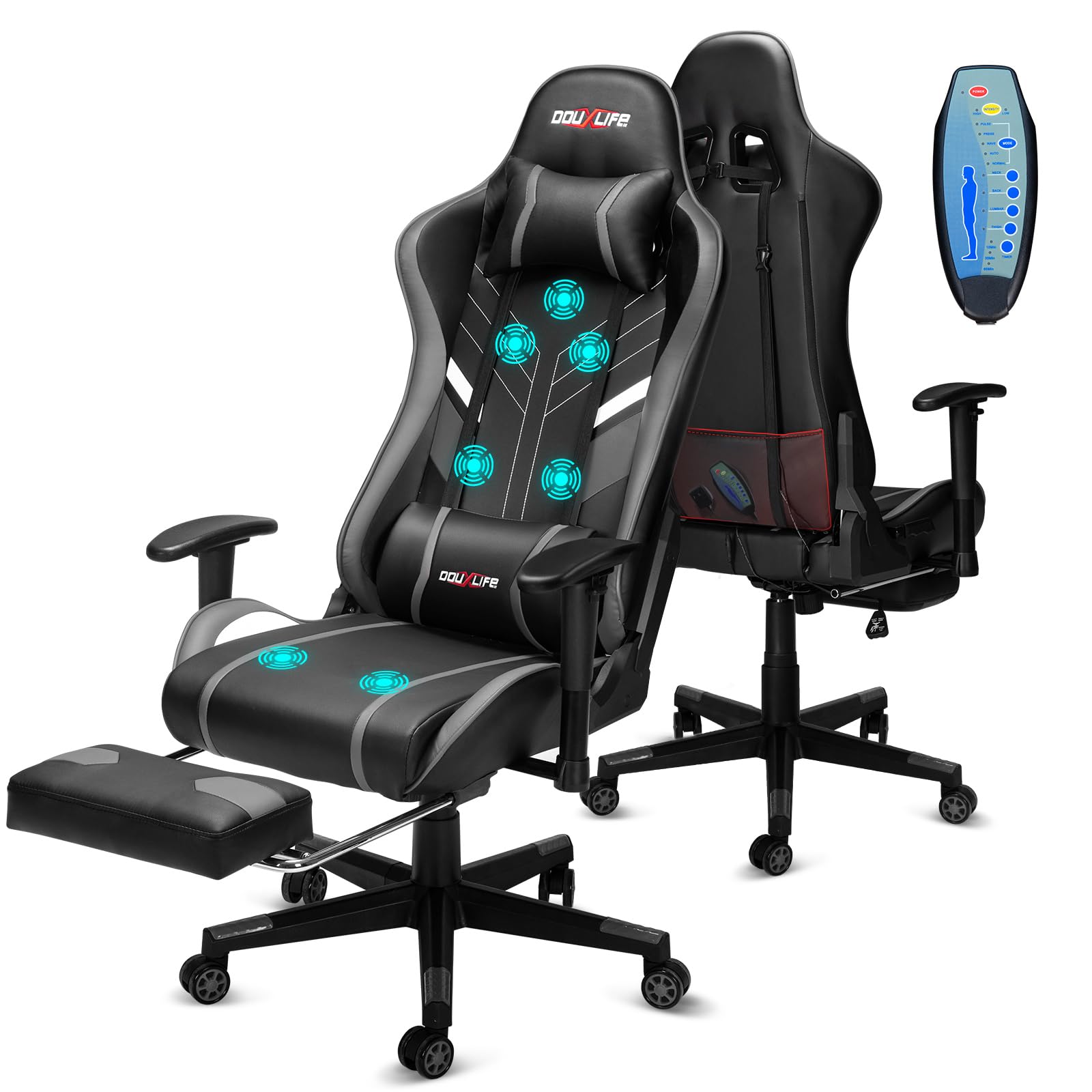 Douxlife Sedia da Gaming con Massaggio a 7 Punti, Sedia da Ufficio Ergonomica Schienale Regolabile 90-175°, Bracciolo 2D Regolabile, Poltrona da Gaming per Adulti, Portata 150-180 kg, Grigio