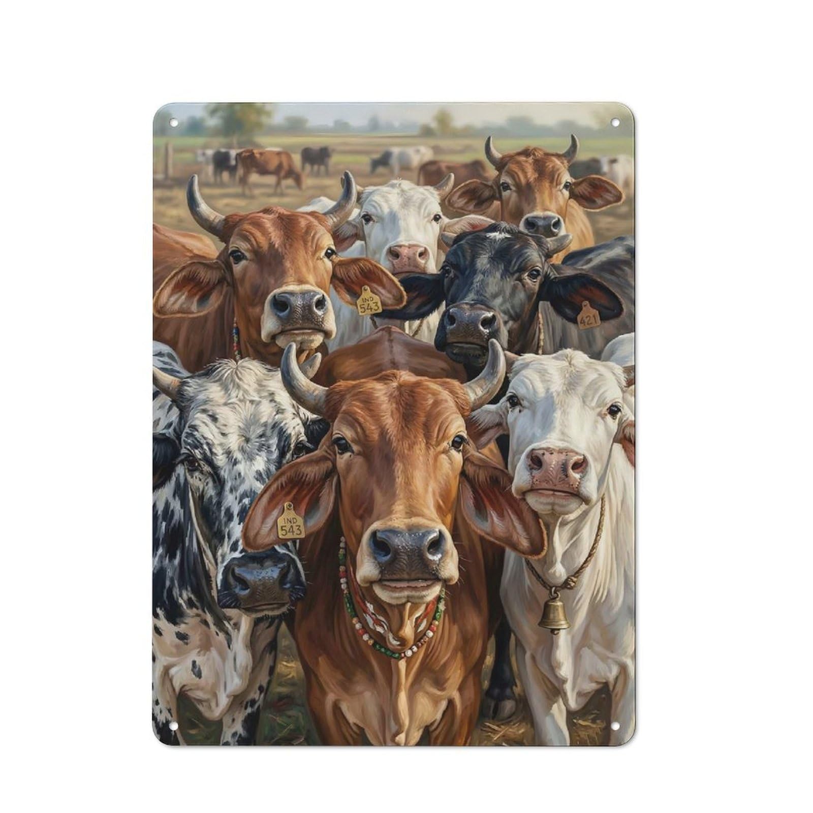 Junmoney Style-16 Herd Of Zebu Cows In A Field Urban Metal Wall Decor 40X30cm, Metal Wall Art Sign For Loft, Studio, Office Or Creative Room