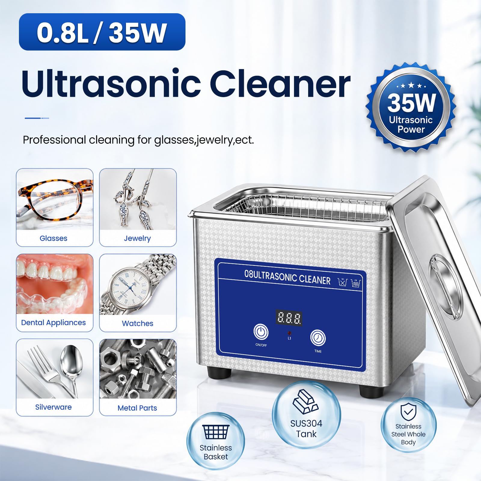 Ultraschallreinigungsgerät, Ultraschallreiniger, Ultraschallgerät, Ultrasonic Cleaner, für Zahnspangen,Brillen,Ringe,Uhren,Inklusive Reinigungstuch