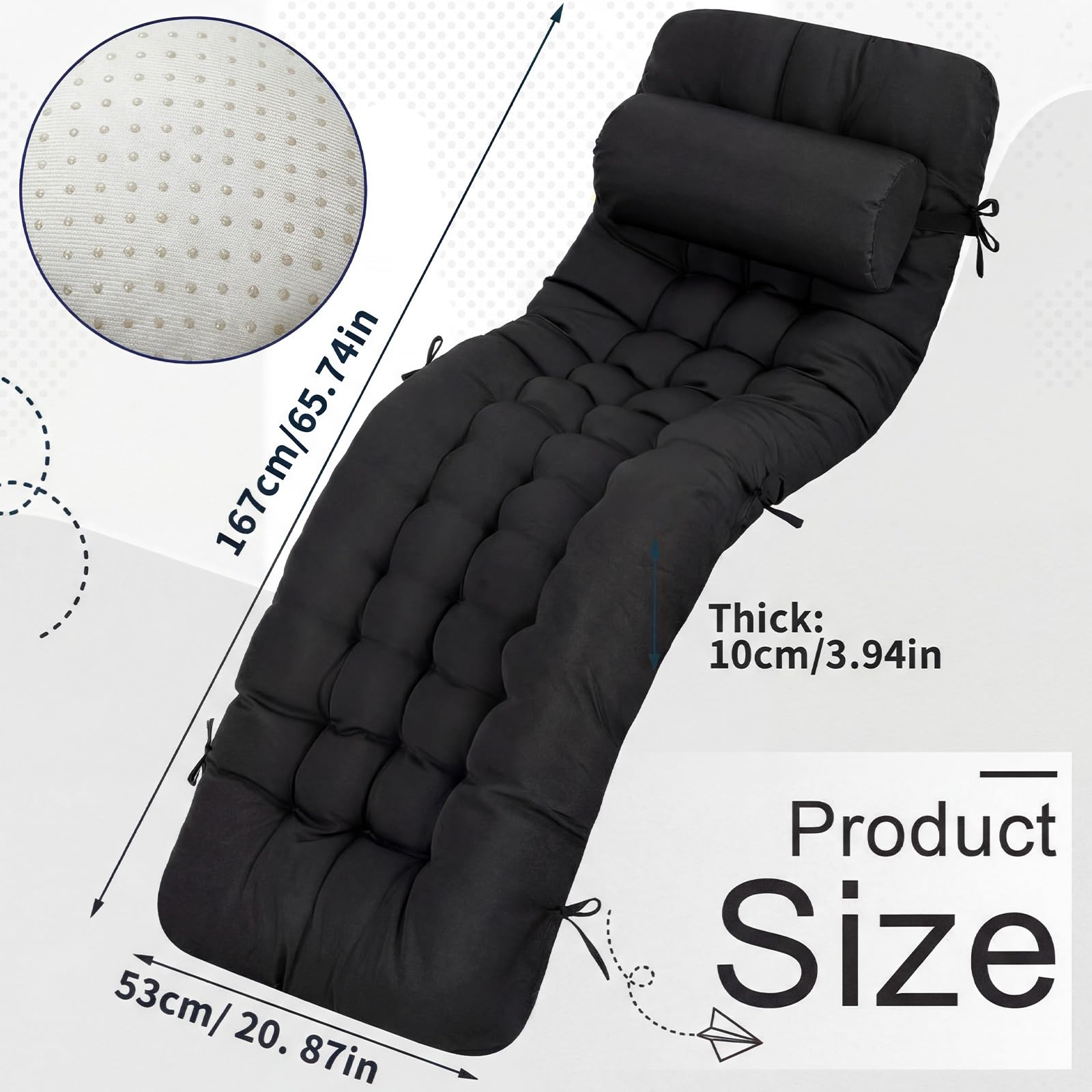 Condition photo showing New/Like New for tudomro outdoor chaise lounge cushion 66x21x4'' waterproof & fade-resistant patio pool chaise lounge cushion headrest pillow tie replacement rocking high back chair(black,1 pcs)