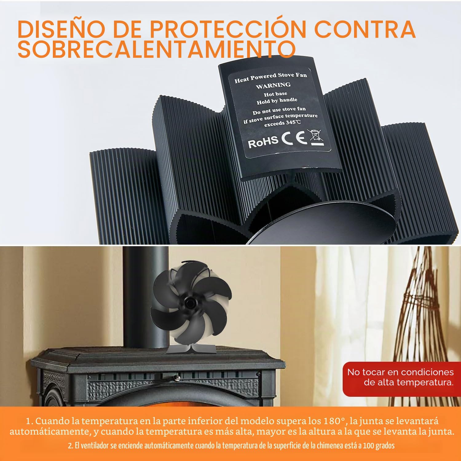 Ventilador de chimenea, 6 aspas, ventilador de horno, chimenea eléctrica, estufa, ventilador de estufa de calor, gran espacio para estufa, estufa de leña, ecológico sin electricidad (6 cuchillas)
