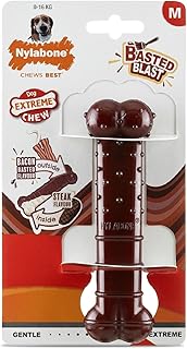 Nylabone Basted Blast Extreme Chewers Tough Nylon Dog Chew Toy Bone, Durable, Boredom Breaker, Cleans Teeth, Bacon and Steak Flavour, Medium, For Dogs 0-16kg