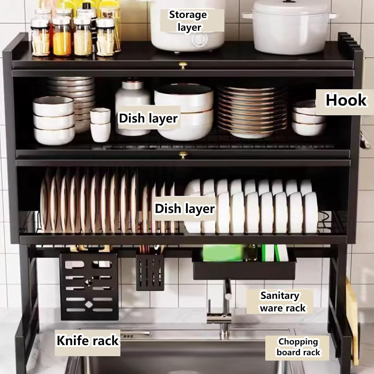 Escurridor de platos sobre el fregadero, organizador de 3 niveles de acero inoxidable que ahorra espacio para platos, vasos, cubiertos
