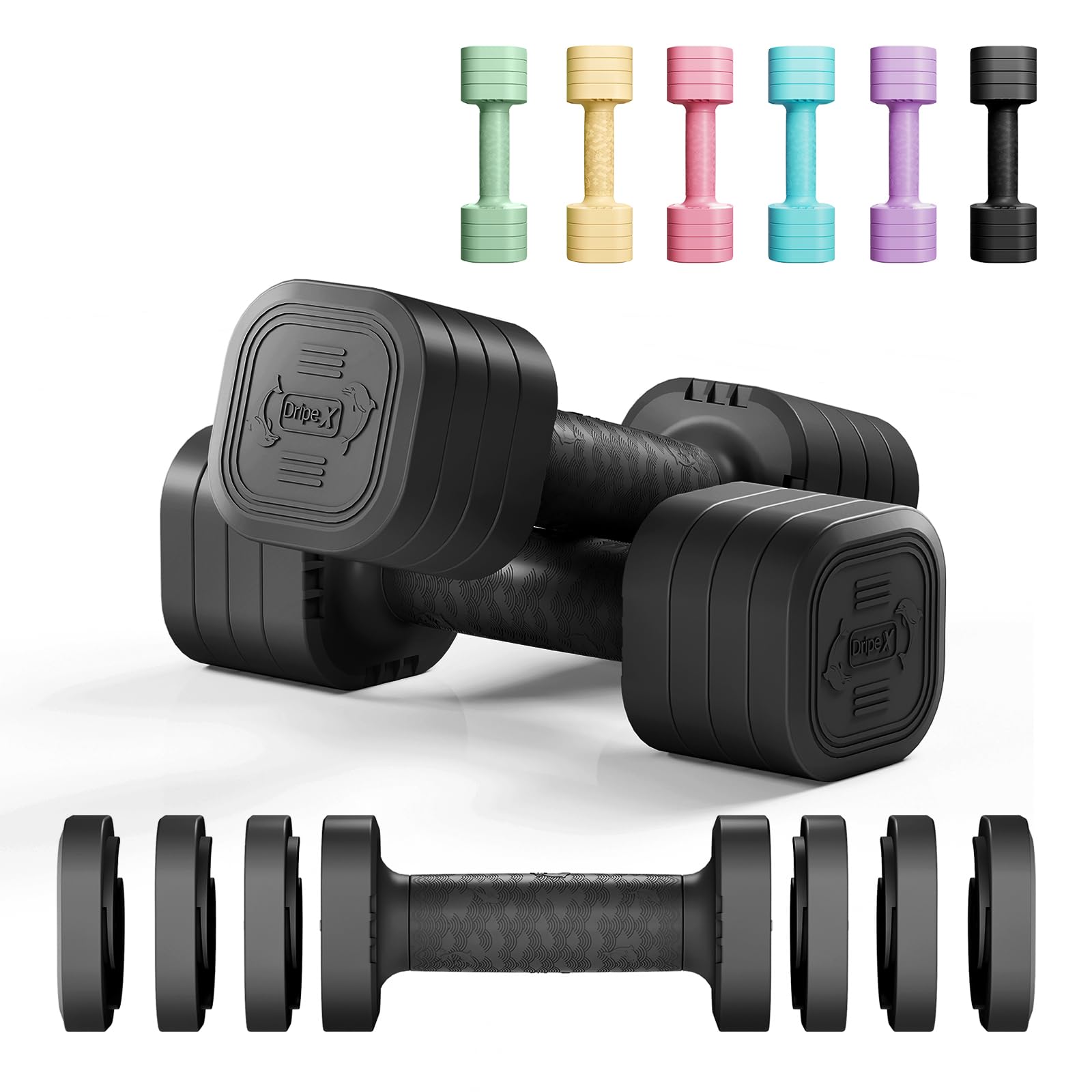 Dripex Set di manubri regolabili, 1 paio da 2,5 kg x 2 o 5 kg x 2 o 7,5 x 2, 6 dischi con un peso di 0,25 kg o 0,5 kg o 0,75 kg