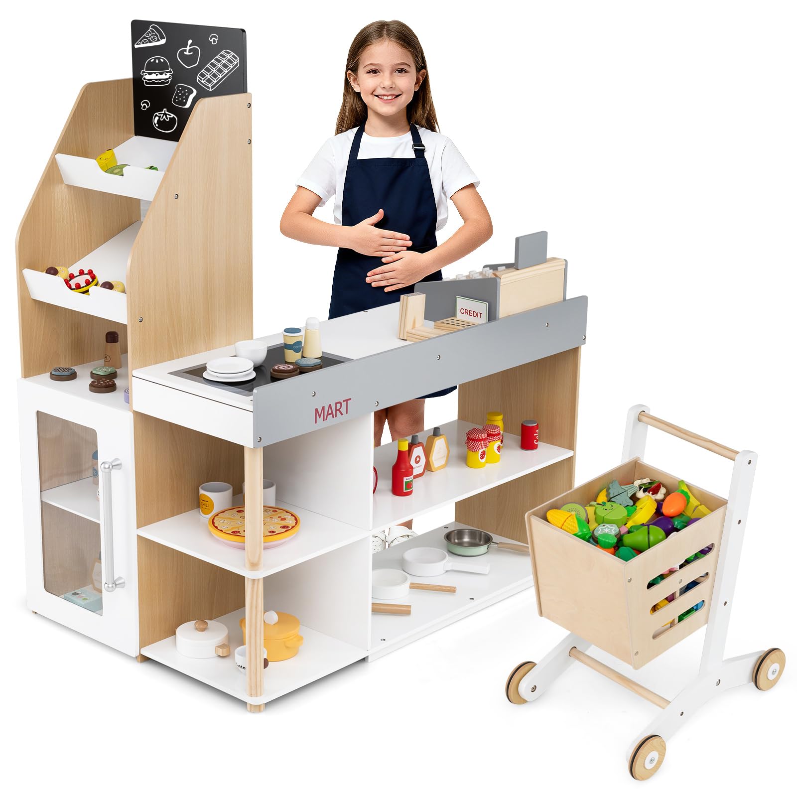 Maxmass Kids Grocery Store, Wooden Toddler Pretend Play Shop with Shopping Trolley, Scanner, Children Role Play Supermarket Set for 3+ Years Old (With Checkout Belt, Cash Register, POS Machine, Coins)