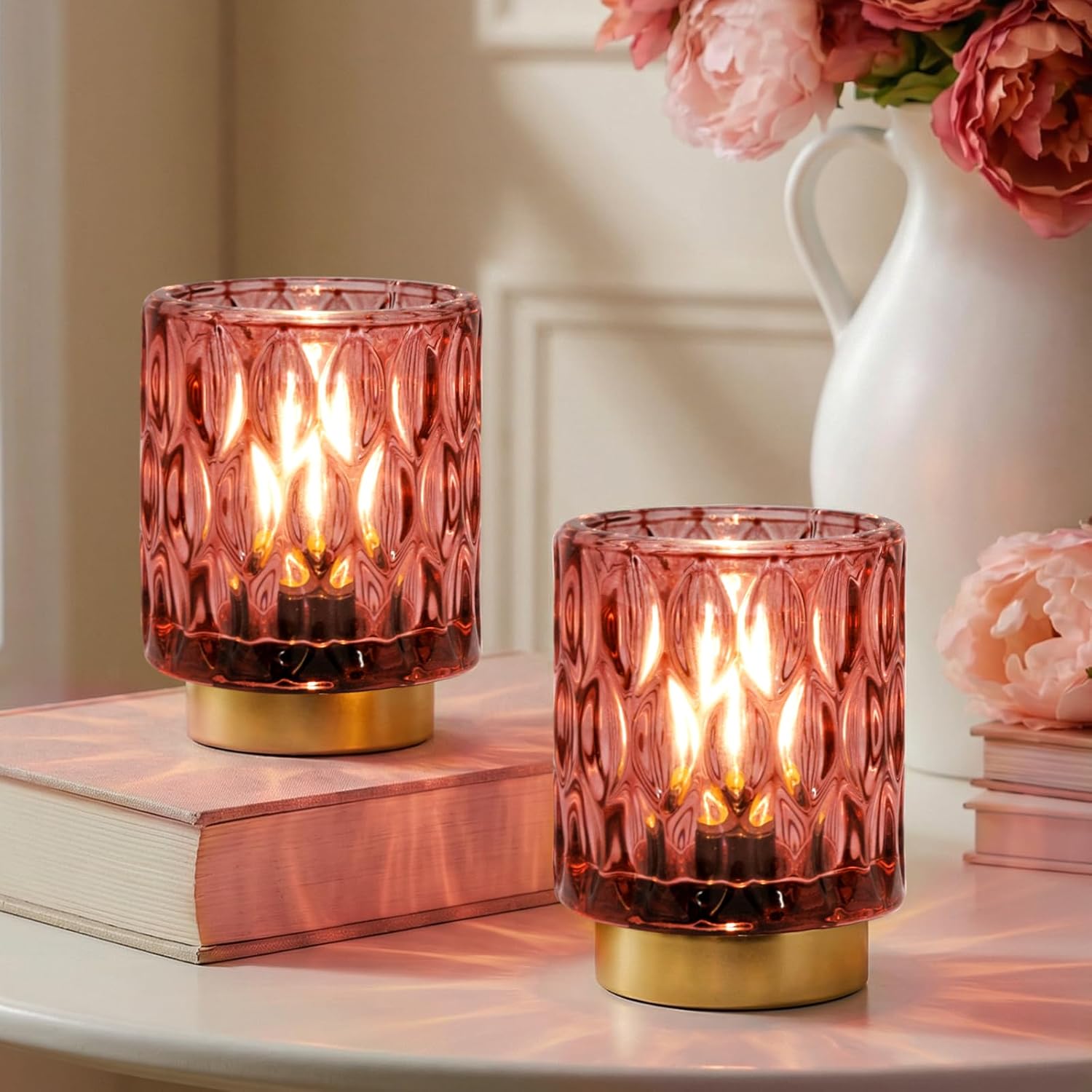 Battery Operated Table Lamps Timer, Mini Crystal Lamp for Area No Plug, Cordless Lamp with LED Bulb for Power Outage, Decorative Lamps for Tabletop/Corner/Entryway/Stairway/Bathroom/Fireplace (2 Pink)