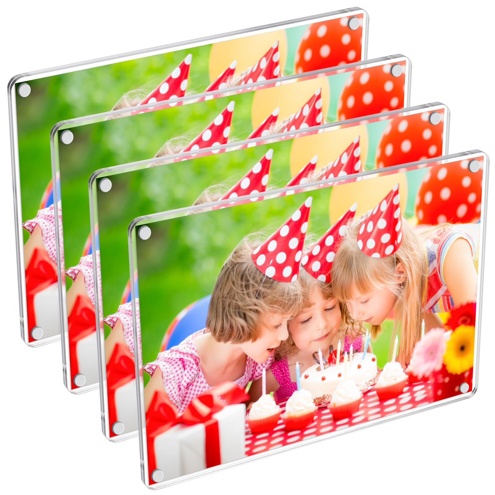 SUNEZLGO 4 Pack- Acrylic Fridge Magnetic Frame, Acrylic Photo Picture Frames, Double Sided Photo Refrigerator Magnet Picture Frame, Clear Picture Display Frame, 7.2 × 5.2 In