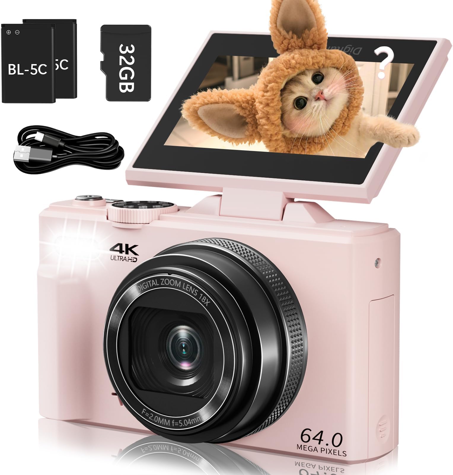 4K Digital Camera for Photography and Vlogging, YouTube Camera with 3" 180° Flip Screen, Autofocus, WiFi, 18X Zoom, Flash, 2 Batteries & 32GB SD Card