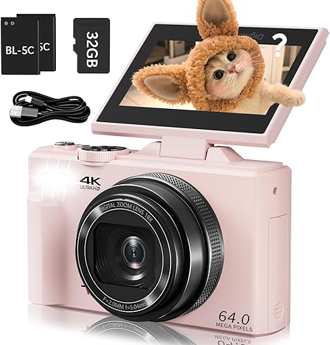 Cámara digital 4K para fotografía y vlogging, cámara de YouTube con pantalla abatible de 180 de 3 pulgadas, enfoque automático, WiFi, zoom 18X,