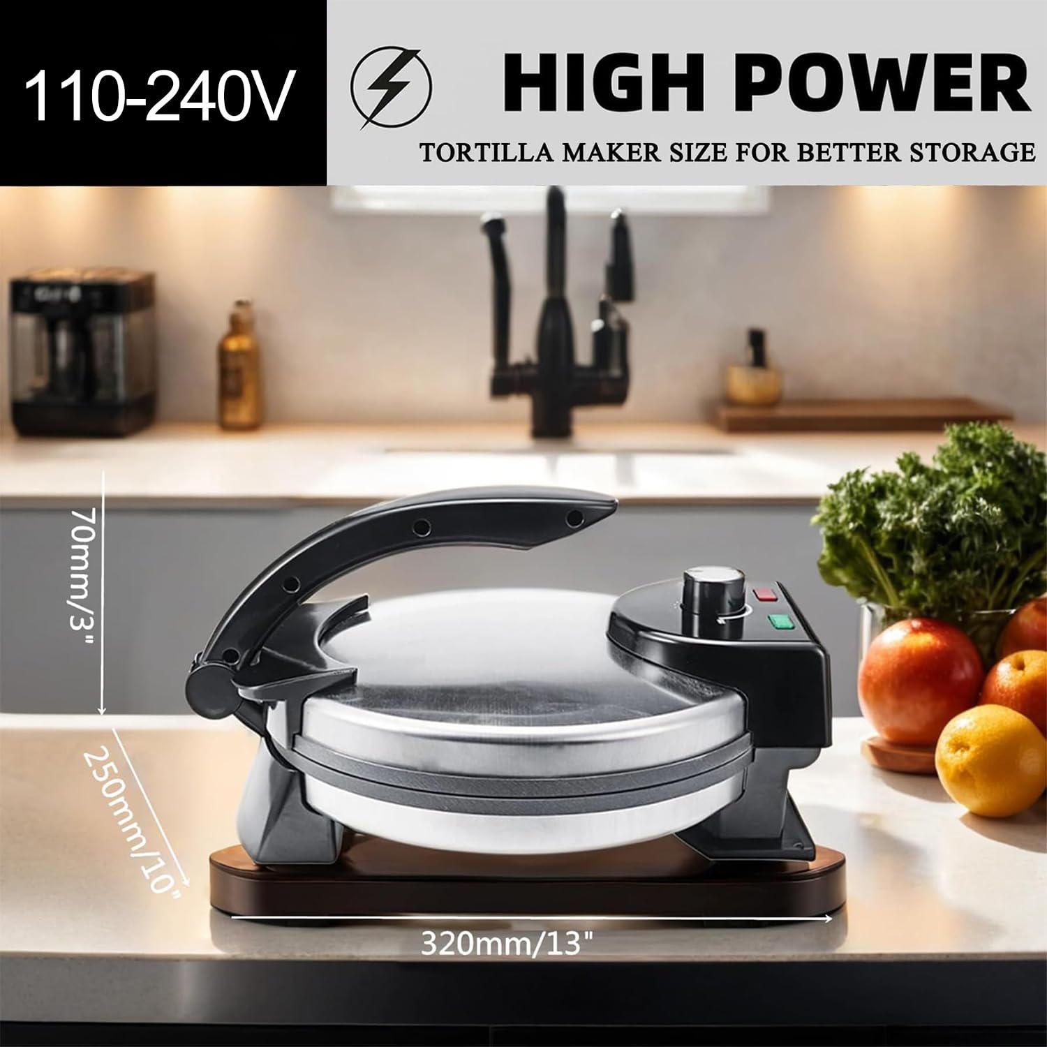 Machine à crêpes électrique Roti Maker Chapati Maker 1800 W, Machine à Tortilla antiadhésive de 10 Pouces, poignée Anti-brûlure et voyants Lumineux, Machine à crêpes à température réglable