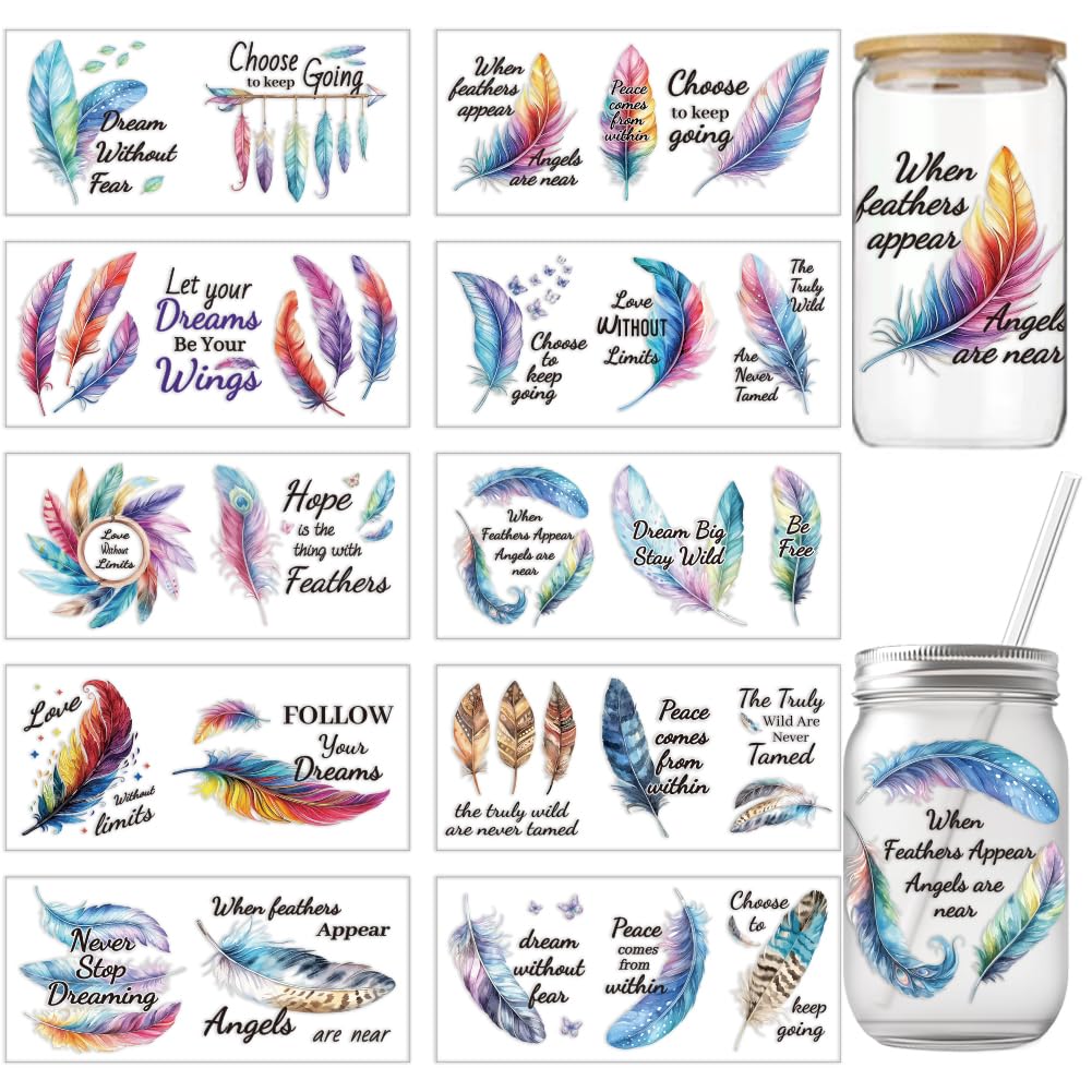 arricraft 10 Pcs Colorful Cup Printing UV Transfer Papers, 10 Styles nspirational Text PVC DIY Heat Transfer Stickers for 16 OZ Glass Cups Crafts 9.5x4.3inch