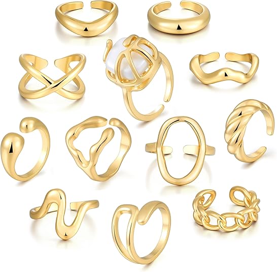 FAXHION 12PCS Gold Stackable Rings Set for Women, 18K Gold Plated Open Stacking Knuckle Ring, Adjustable Chunky Signet Band Statement Ring for Gift