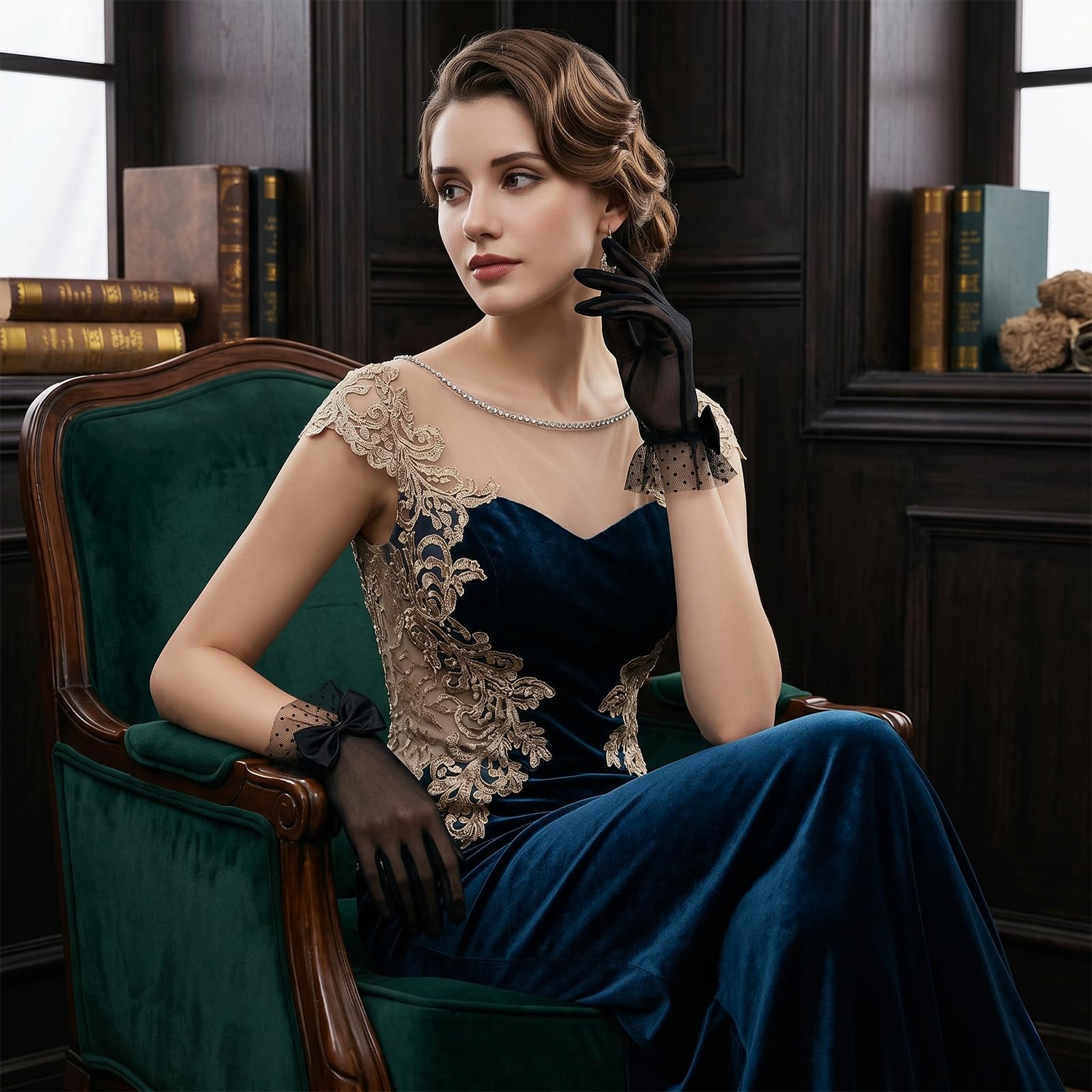 Koronkowe rękawiczki damskie, siateczkowe, damskie rękawiczki koronkowe, eleganckie rękawiczki dla panny młodej, krótkie rękawiczki koronkowe, czarne, z kokardką, tiulowe, elastyczne, na