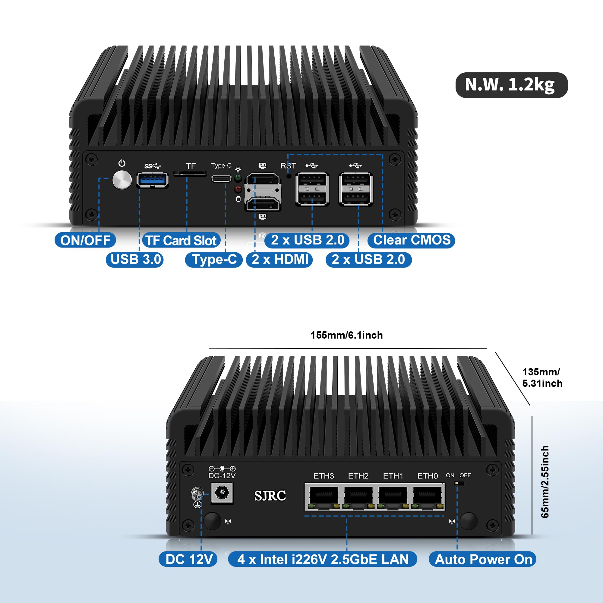 SJRC Fanless Firewall Mini PC J6413, 4X i226-V 2.5GbE LAN, OPNsense Micro Router Hardware Appliance, 8GB DDR4 RAM 256GB NVMe SSD, AES-NI, 2X HD + Type-C, TF Card, SATA 3.0