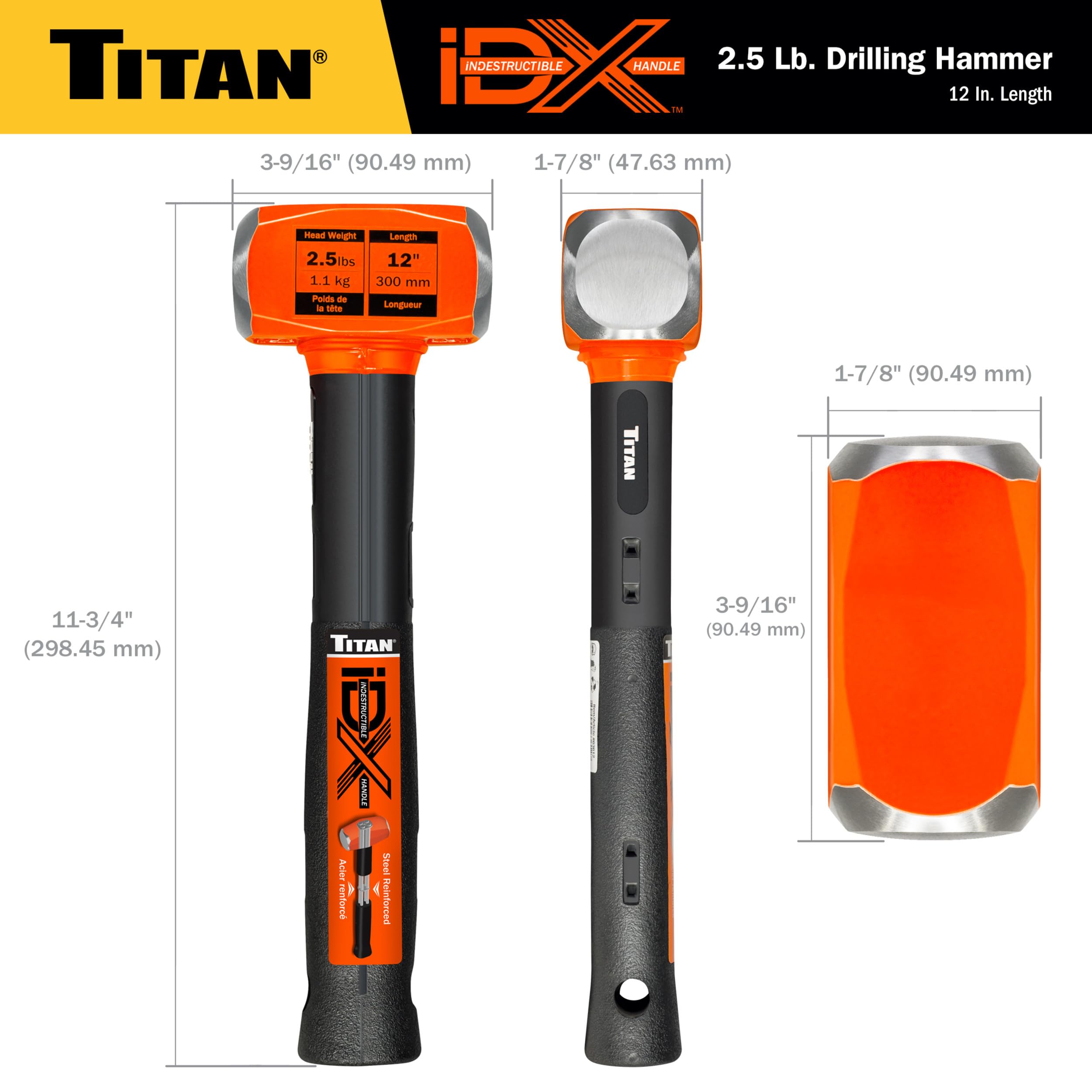 Titan iDX Indestructible 63612 Marteau perforateur/Massette, renforcé avec plaques de verrouillage en acier et barres en acier, 1,1 kg