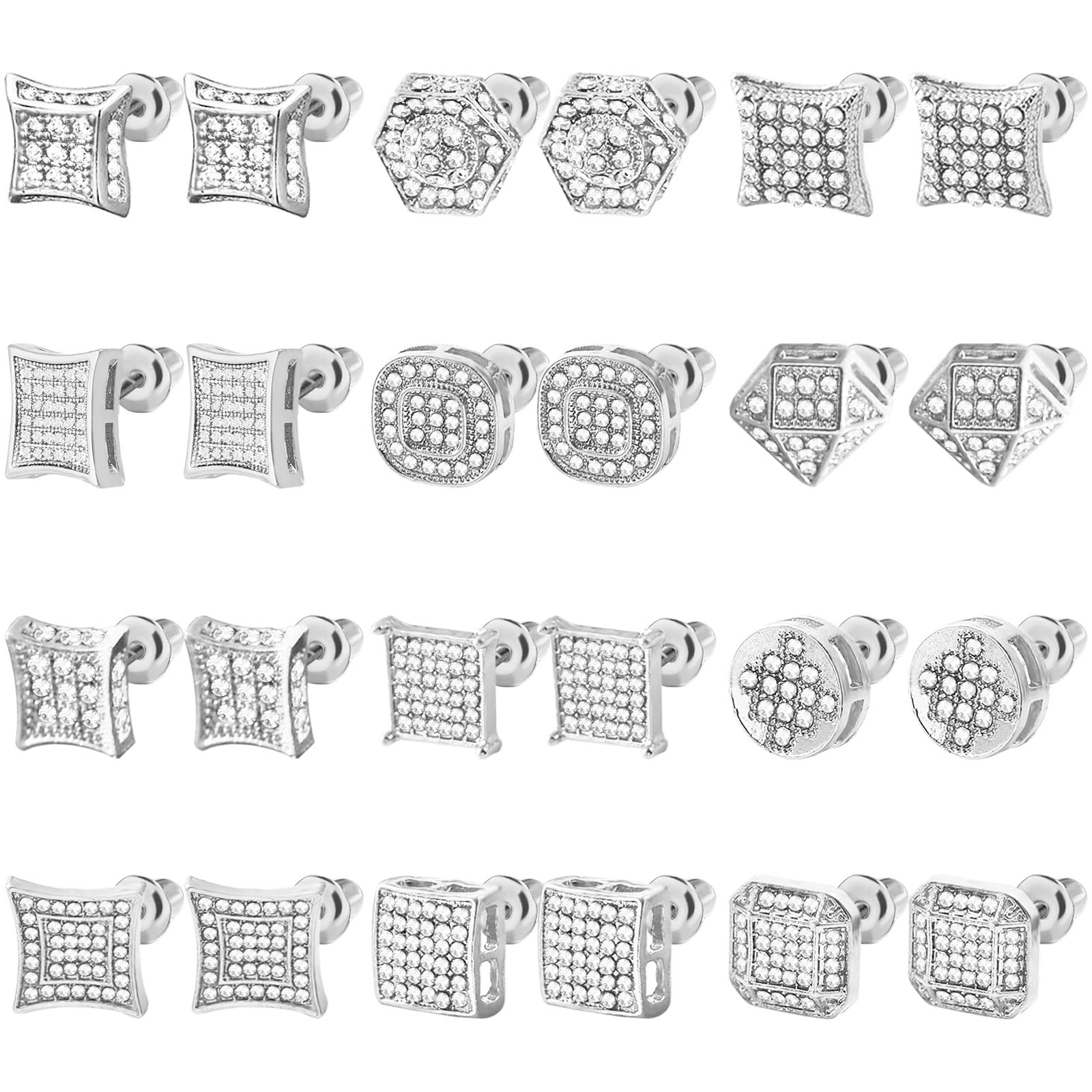 NEWITIN 12 Pairs Stainless Steel Stud Earrings for Men Hypoallergenic Earring Unisex Studs Inlaid Cubic Zirconia Men Earrings Hoop CZ Stud Earring Set