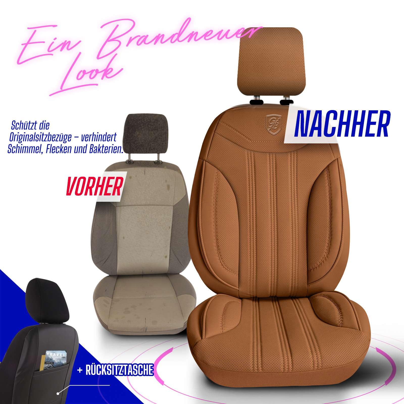 Fundas de asiento universales para coche y SUV – Funda de asiento delantera premium de cuero, terracota, compatible con bolsa de aire, funda protectora para coche, juego completo incl