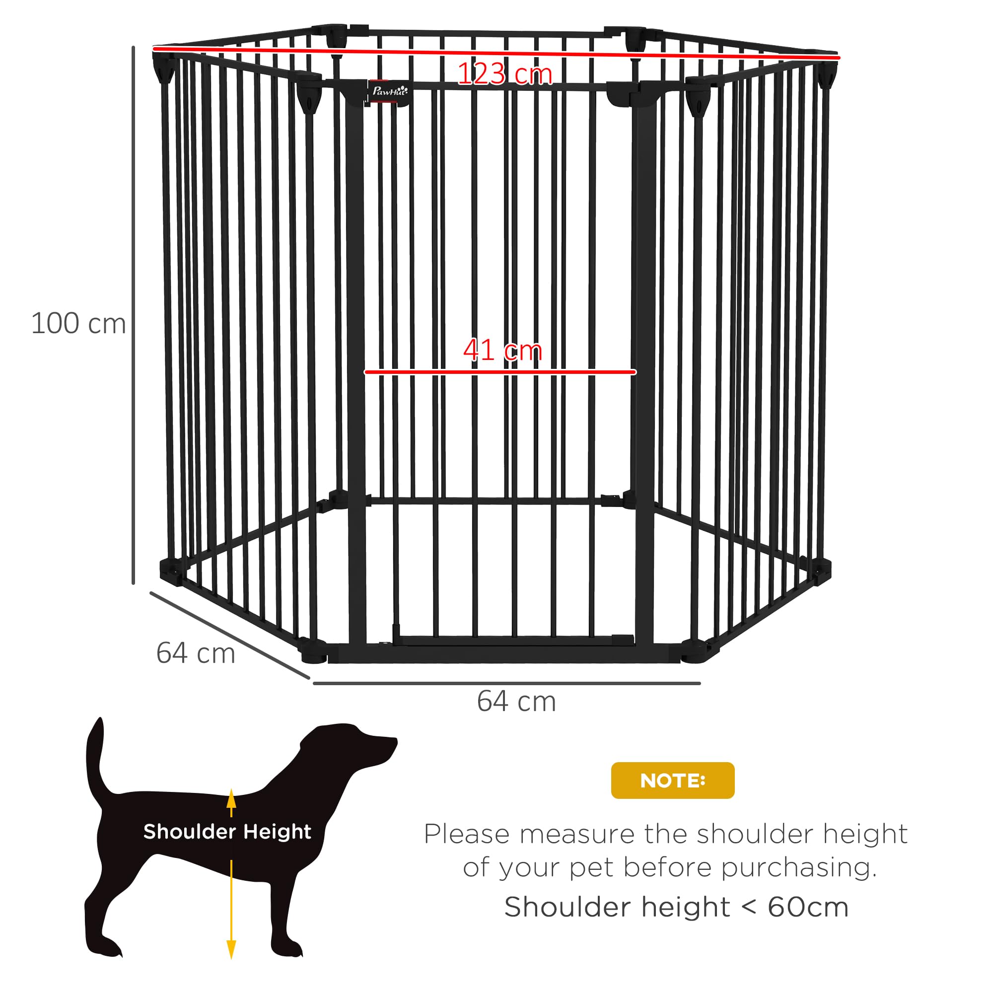 PawHut Faltbares Hundetor für mittlere und große Hunde mit doppeltem Verschluss mit 6 Stahl- und Kunststoffpaneelen, Sicherheitsgitter für den Innenbereich, 123x102x100 cm, Schwarz