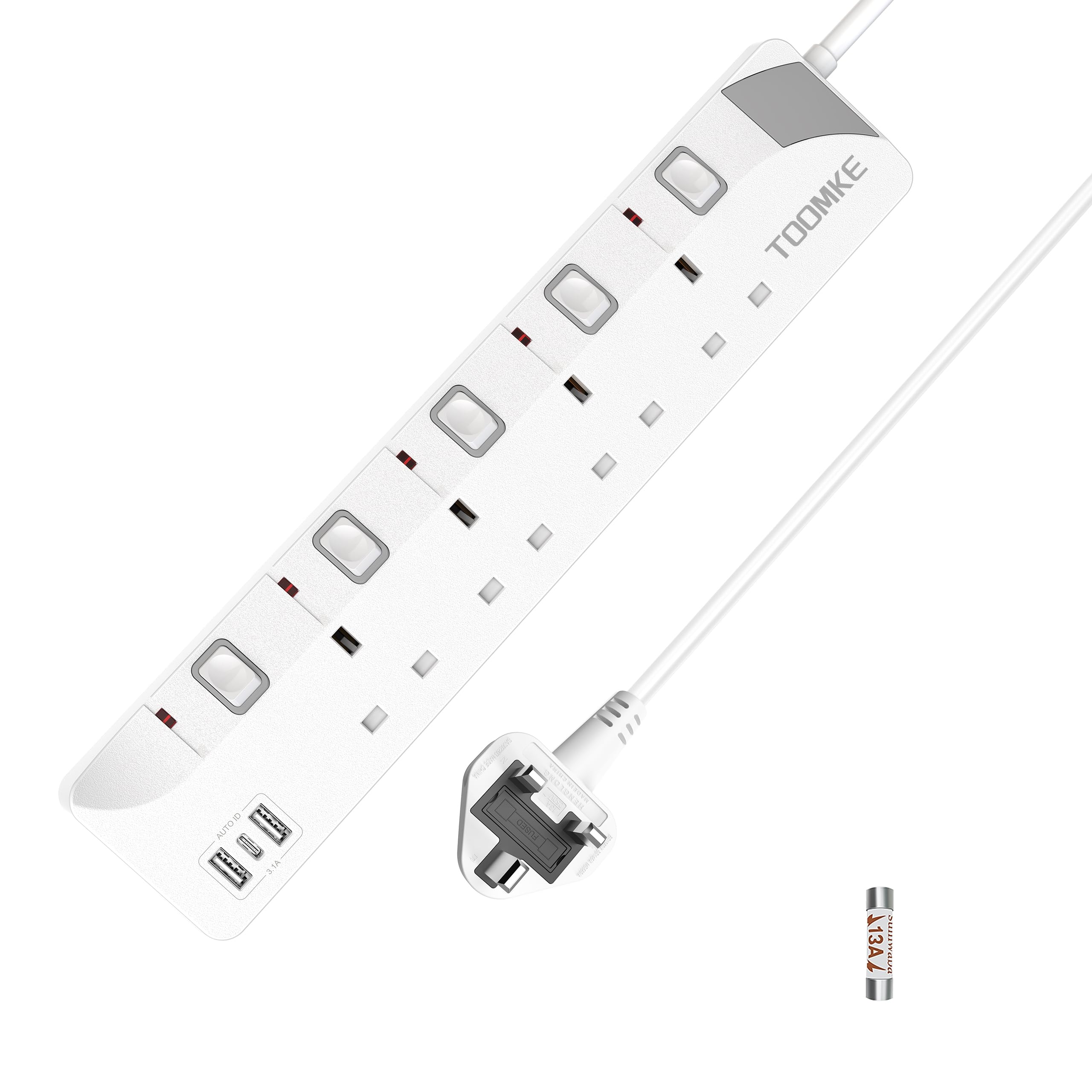 Extension Lead with USB Slots, Toomke 4 Way Plug Extension Socket with 2 USB-A and 1 USB-C, Mountable Power Strip with Individual Switches, UK Plug Socket 1.5m Extension Cord 13A 3250W — view 11