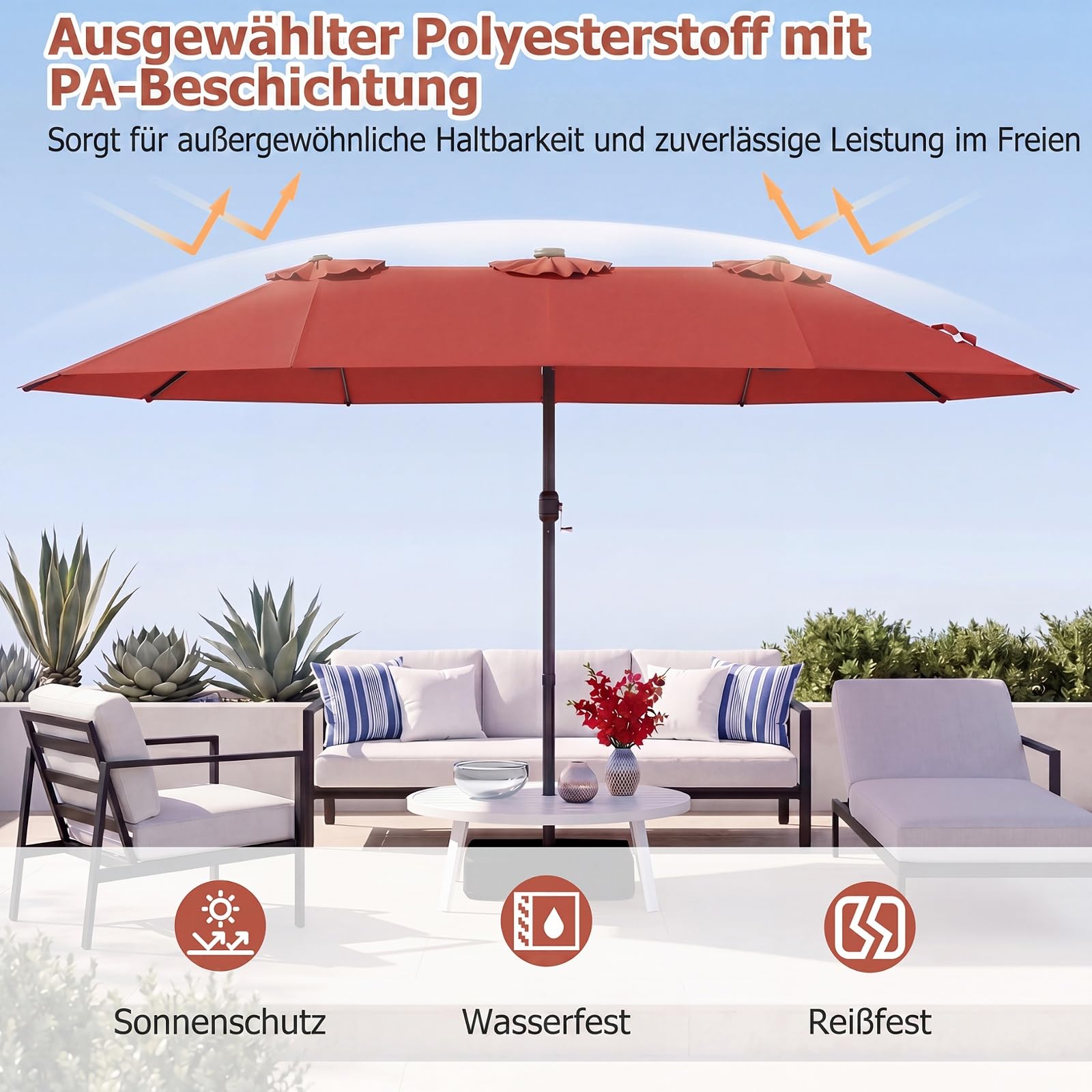 RELAX4LIFE Doppelsonnenschirm mit Ständer & LED-Solar-Beleuchtung, 450 x 260 cm, extra großer Sonnenschirm, UPF 50+, Gartenschirm mit Kurbel, Marktschirm Sonnenschutz für Garten & Terrasse (Orange)