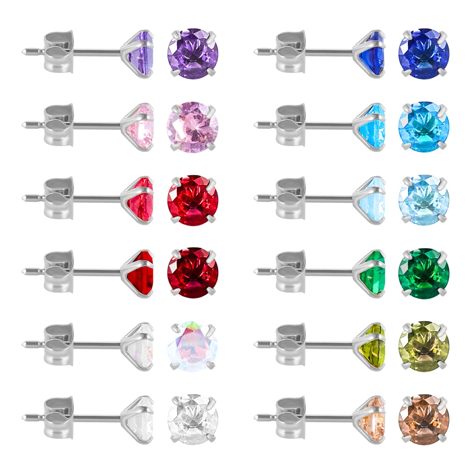 12 Pairs Surgical Stainless Steel Stud Earring Round Heart Star Square Cubic Zirconia Birthstone Stud Earrings Set for Women