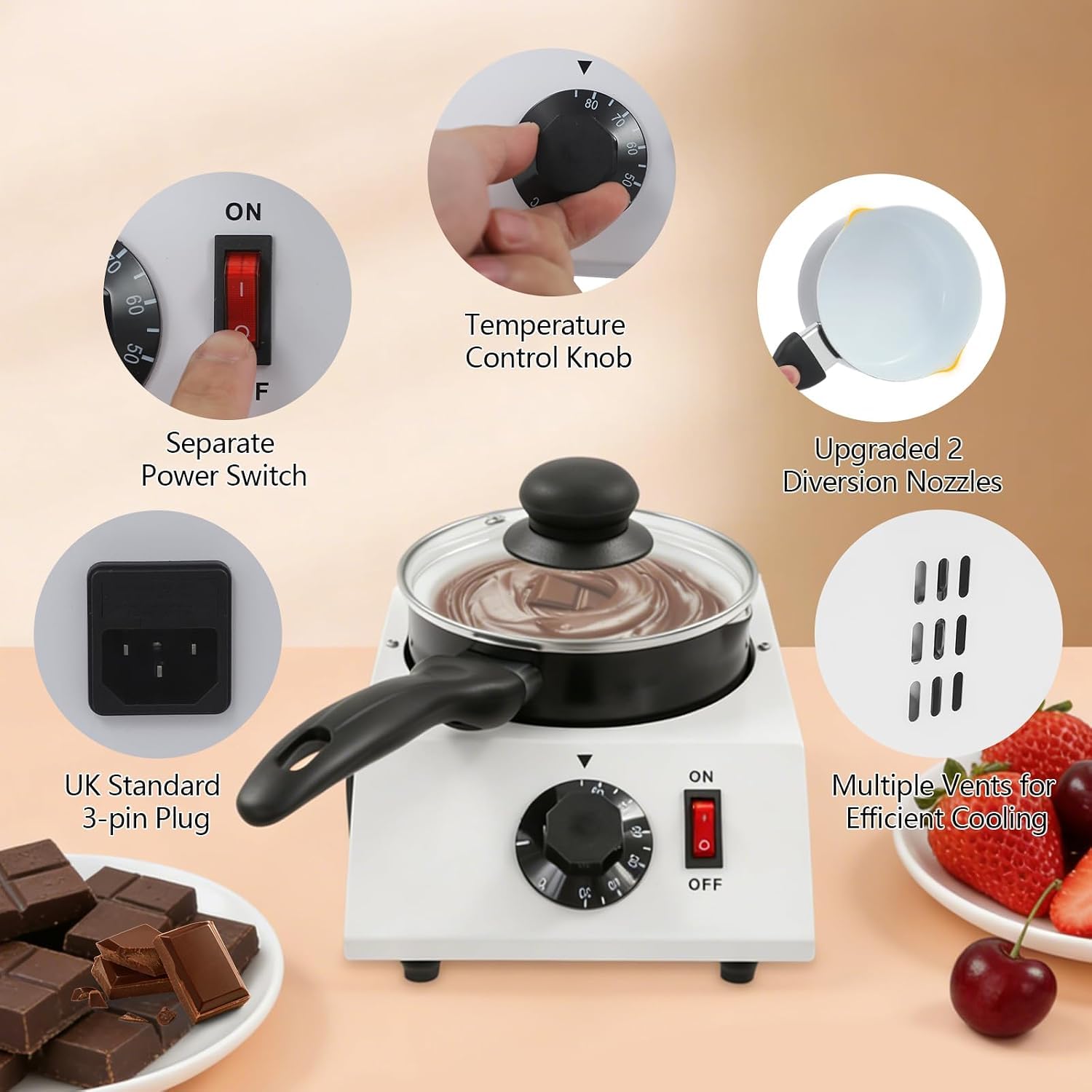 KEhtu Tempéreuse À Chocolat 86-185℉ avec Cuve Antiadhésive Et Résistance PTC, Machine Professionnelle pour La Pâtisserie Artisanale Et Les Cafés, Prise Britannique. 1 Pot