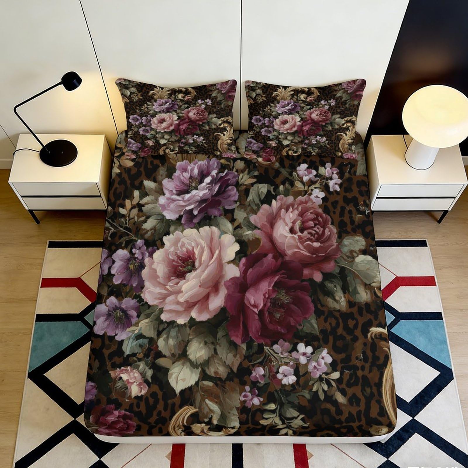 3D Printed Vintage Floral Fitted Sheet Microfiber Soft Romantic Rose Garden Bed Cover for Bedroom Dorm Mattress Decor 90x200x25cm