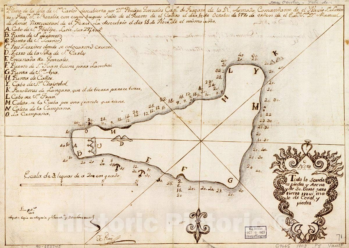 Historic 1803 Wall Map - Plano de la Isla de Sn. Carlos descubierta por Dn. Phelipe Gonzales, Capn. de Fragata de la Rl. Armada, Comandante de el Navio. Sn. Lorenzo, Fragta. Sta. Rozalia 44in x 31in
