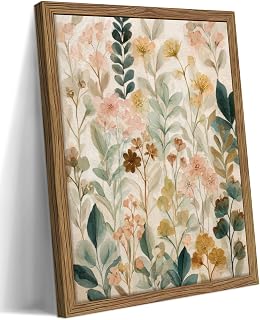Framed Boho Floral Wall Art, Neutral Botanical Wildflower Canvas Wall De...