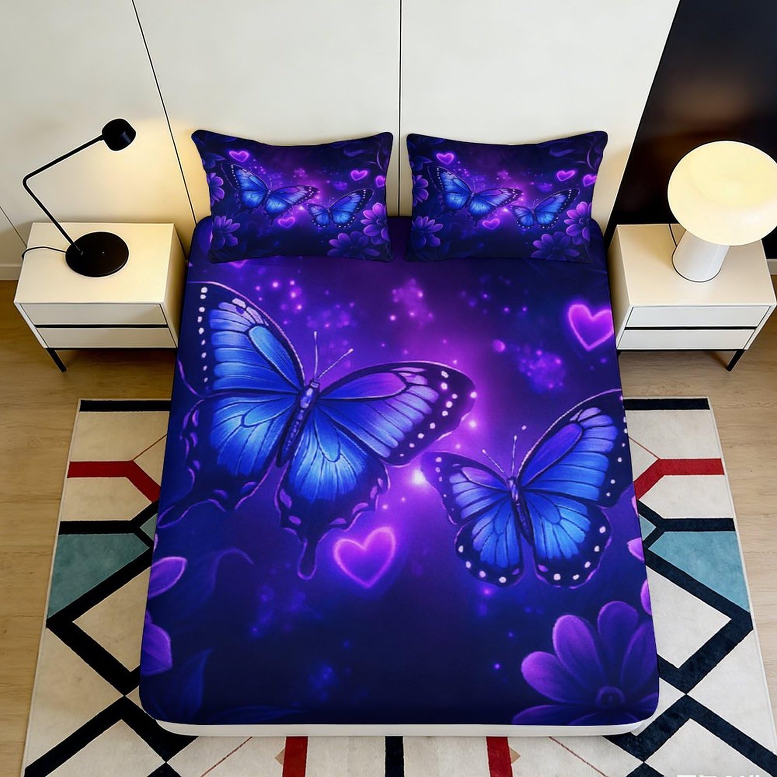 Pnayamiorkfel Style-8 3D Printed Blue Butterfly Fitted Sheet Microfiber Bedroom Decor Purple Heart Mattress Cover Anti-Slip Easy Care 90X200x25cm