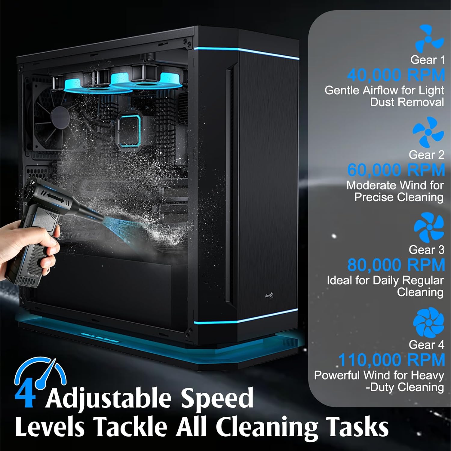 TPQKA Compressed Air Duster 110000RPM, Rechargeable Cordless Electric Air Duster – Replace Canned Air, 3+1 Gears 41m/s for PC Keyboard Computer Car Detailing Home Dusting