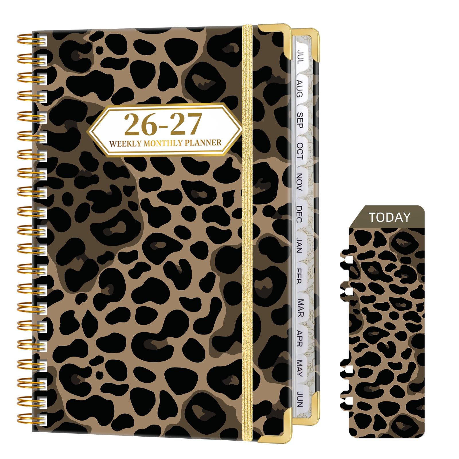 Ksriylm Leopard A5 Diary 2026-2027 Week to View,Classic Weekly Monthly Planner from Jul.26-Jun.27,Twin-wrie Binding Hardcover Academic Diary with Monthly Tab,Back Pocket,Elastic Closure,Dark Brown