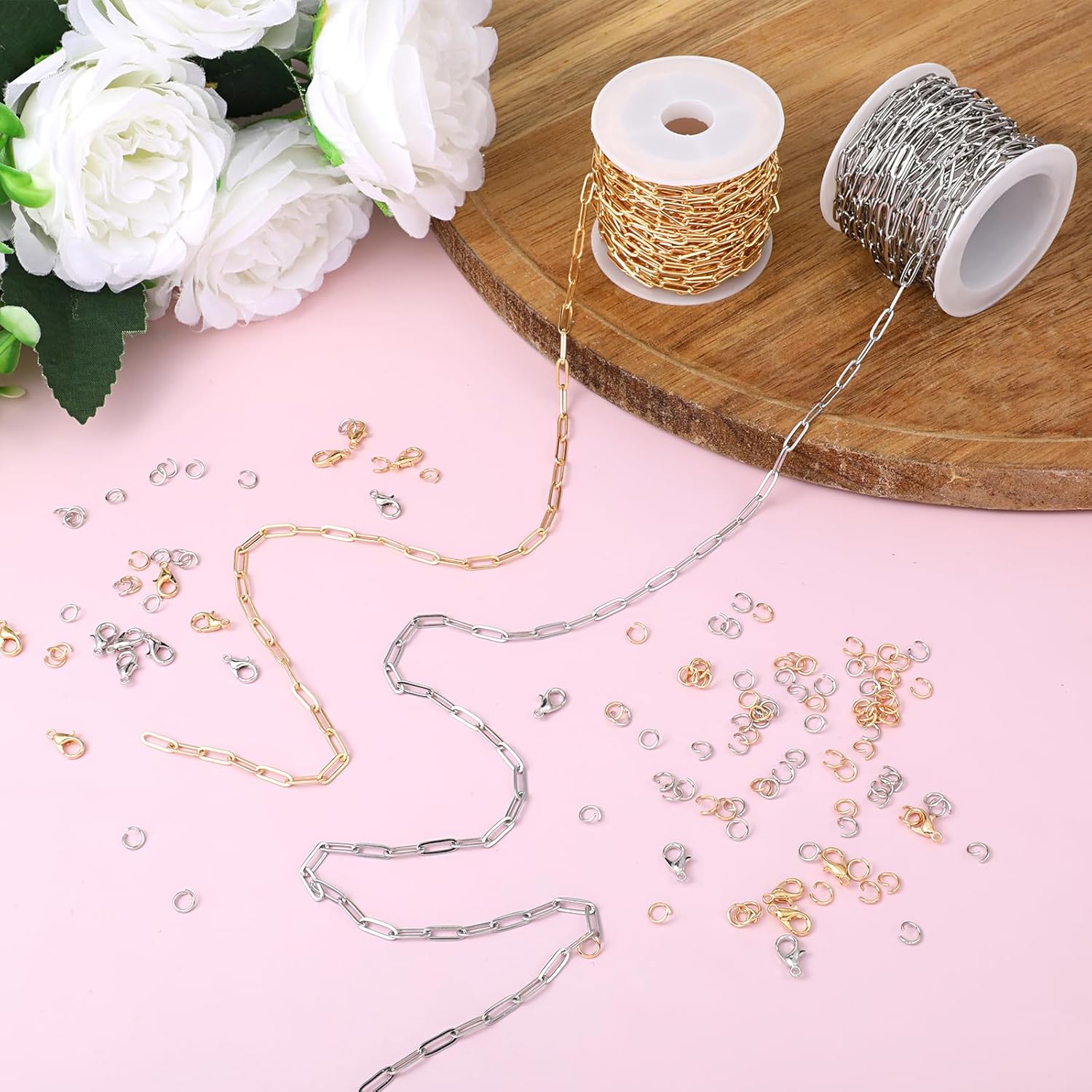 2 Rolls Stainless Steel Chains for Jewelry Making, Gold and Silver Chains with Lobster Clasps and Jump Rings, DIY Craft Jewelry Chain, Paperclip Chain on Spool with Findings - Image 5