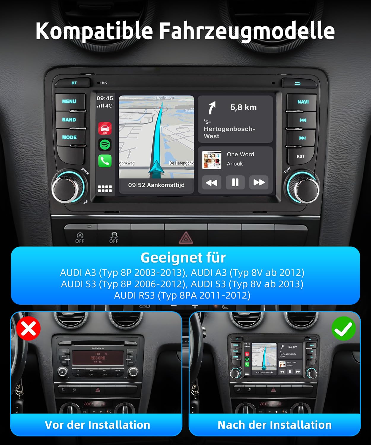 ESSGOO Autoradio für Audi A3 8P, S3 8P, RS3 8PA | 2+64GB Android 15, 7 Zoll Touchscreen, Wireless CarPlay & Android Auto, GPS/WLAN, Bluetooth 5.0, DSP