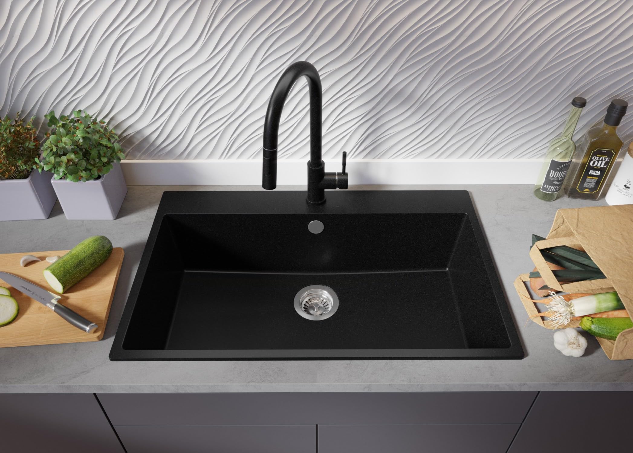 PRIMAGRAN Lavandino da Cucina Tutto Nero 78x50cm, Lavello in Granito a 1 vasca + Rubinetto 40x20cm + Set di accessori, Lavabo da Cucina Incasso al Mobile 80cm - Riga S483