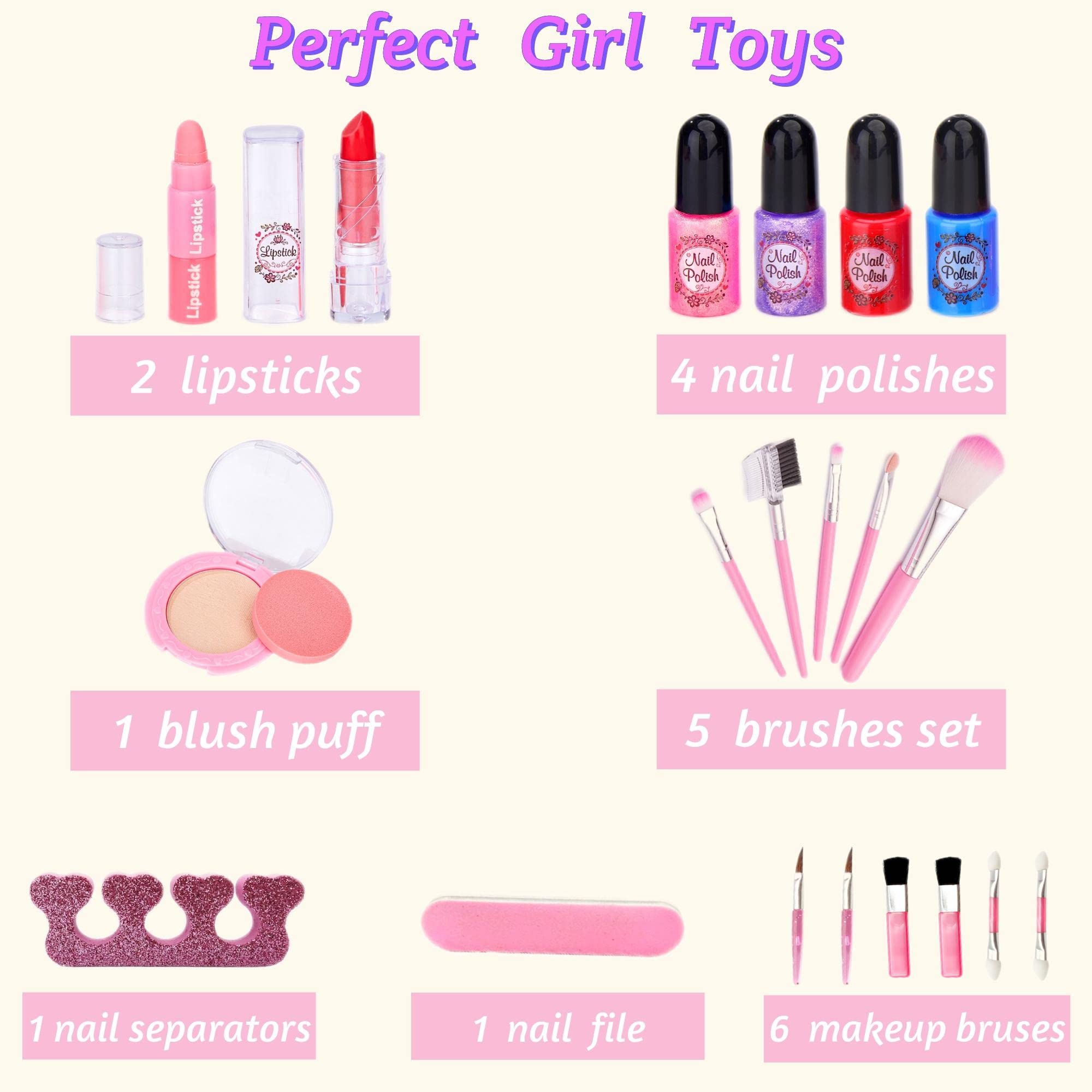 Chennyfun Set di Trucco per Bambini per Bambine, 53 Pezzi Lavabile set di Trucchi per Bambini, Sicuro e Atossico Giocattolo di Ruolo per Regali di Compleanno di Natale per Ragazze dai 3 Anni
