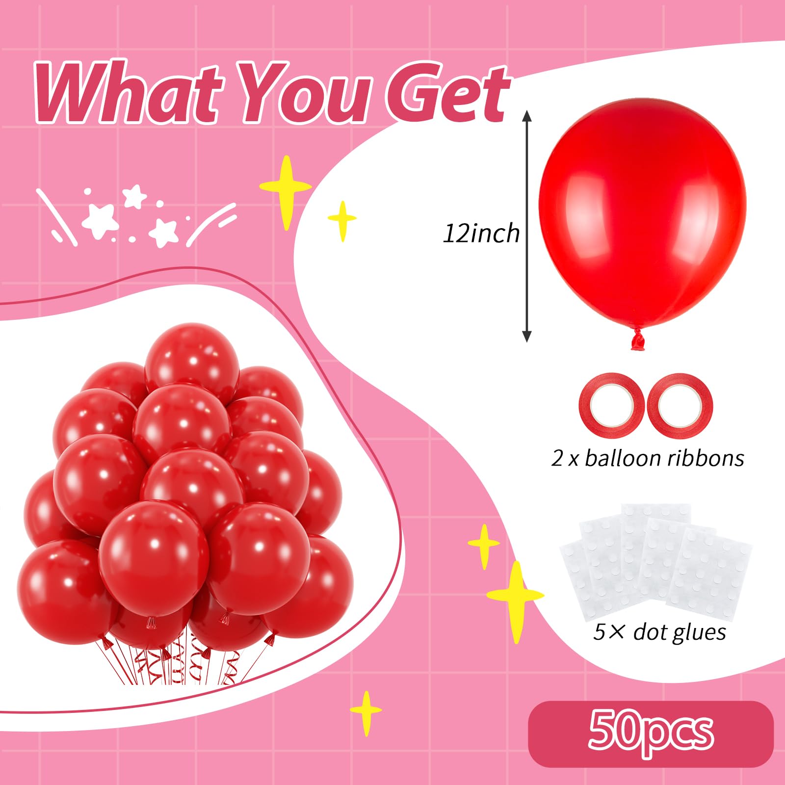 50pcs Red Balloons, 12inch Red Party Balloons Helium Quality for Wedding Anniversary Birthday 4th of July Independence Day Valentine's Party Decorations (With Ribbon & Glue)