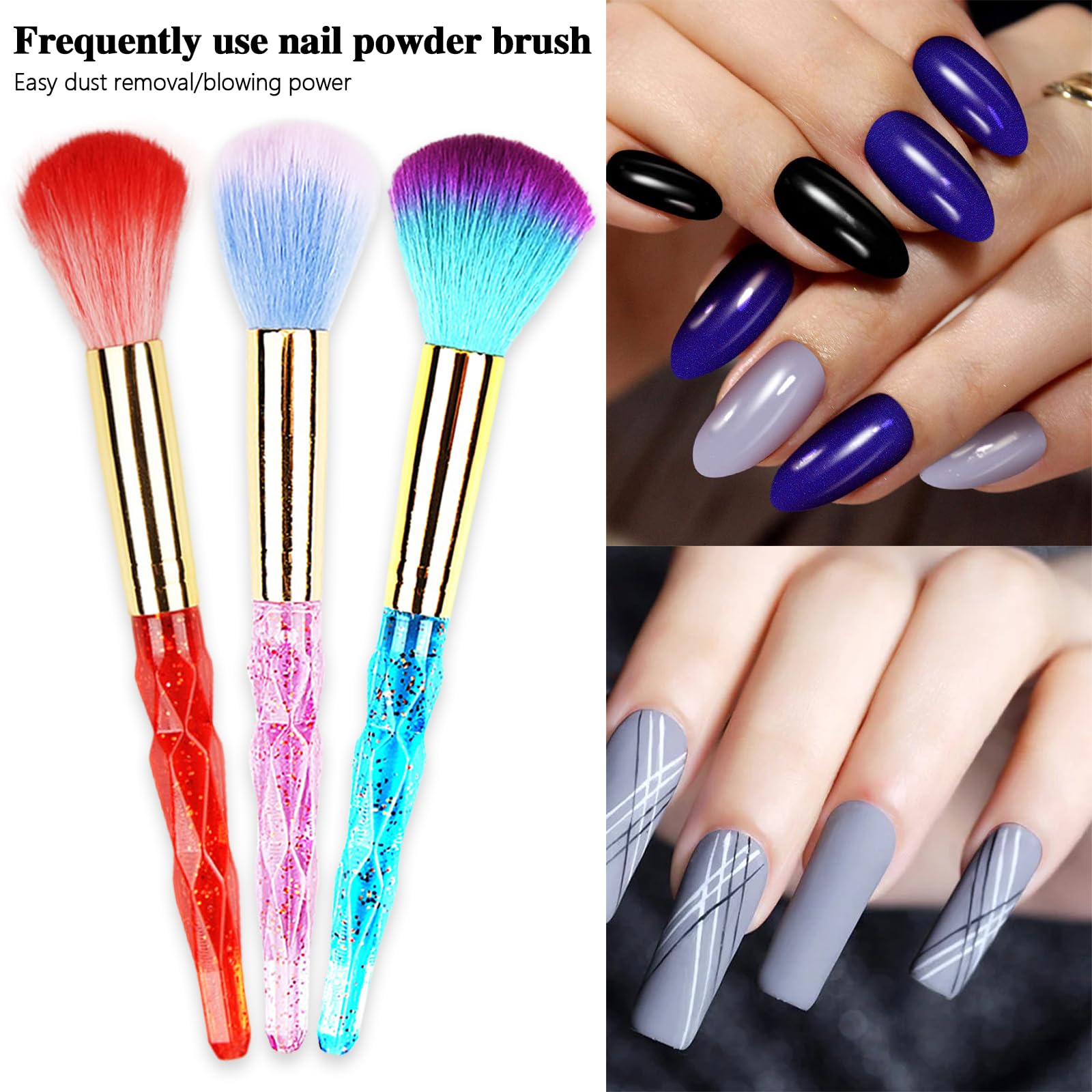 Lot de 3 pinceaux pour nail art - Pinceaux de dépoussiérage doux pour ongles acryliques - Pinceaux de maquillage en poudre - Outils de nettoyage des ongles (rose/bleu/rouge)