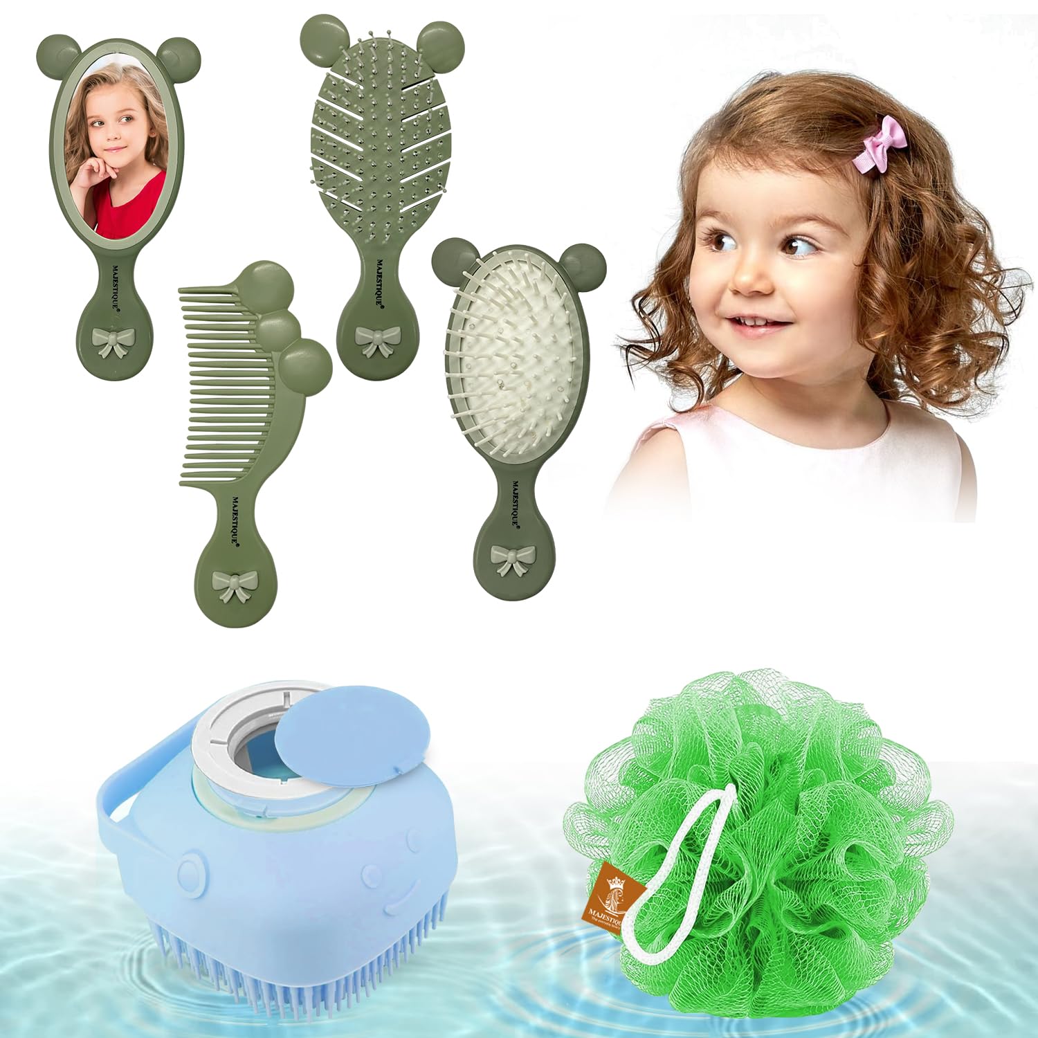 MAJESTIQUE Baby Healthcare And Grooming Kit, Hair Brush, Comb, Face Mirror, Soft Loofah With Silicon Bathing Shampoo Dispenser, Baby Essentials Nursery Care Kit For Kids (Pack Of 6),Multicolor