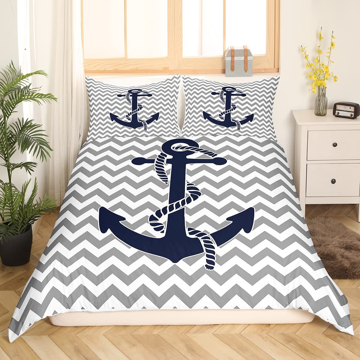 Nautical Anchor Duvet Cover Queen Size,Geometric Gray Stripe Bedding Set for Kids Teens Adults Room Decor,Ocean Adventure Comforter Cover Modern Abstract Quilt Cover No Down Filling,2 Pillowcases