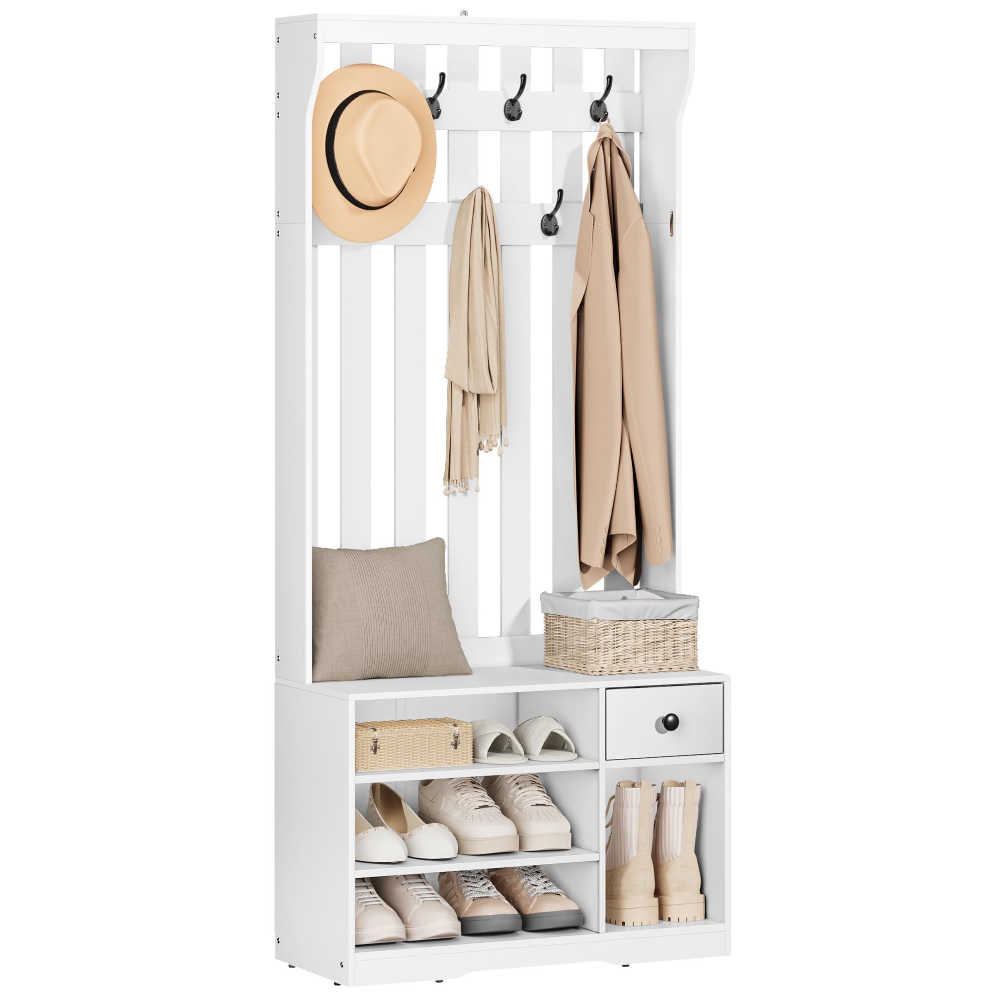 YITAHOME Appendiabiti, Appendiabiti da Terra con Scarpiera, Mobile Ingresso con 7 Ganci e Panca Contenitore, Mobili da Ingresso per Corridoio, Cassetto in tessuto, 80x35x180 cm, Bianco